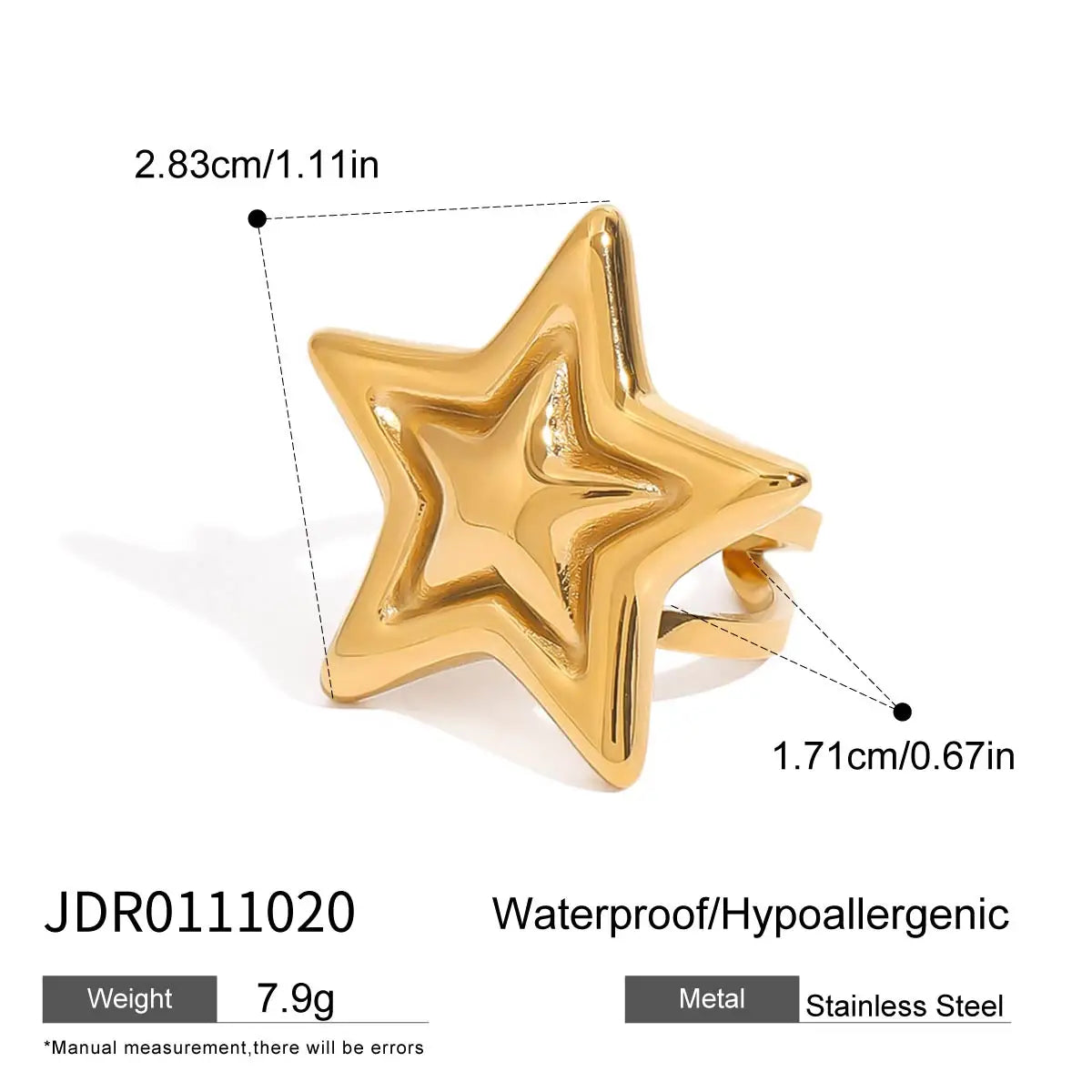 KIKA Unique Designer 18K Gold Color PVD  Plated Stainless Steel 316L Rhinestone Pentagram Rings Stackable