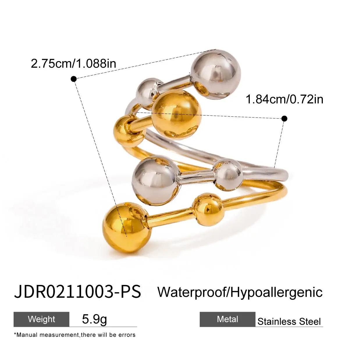 KIKA Minimalist 18k Gold Color PVD Plated Stainless Steel 316L Double tone Line Hollow Steel Ball Ring Personality Statement Stackable