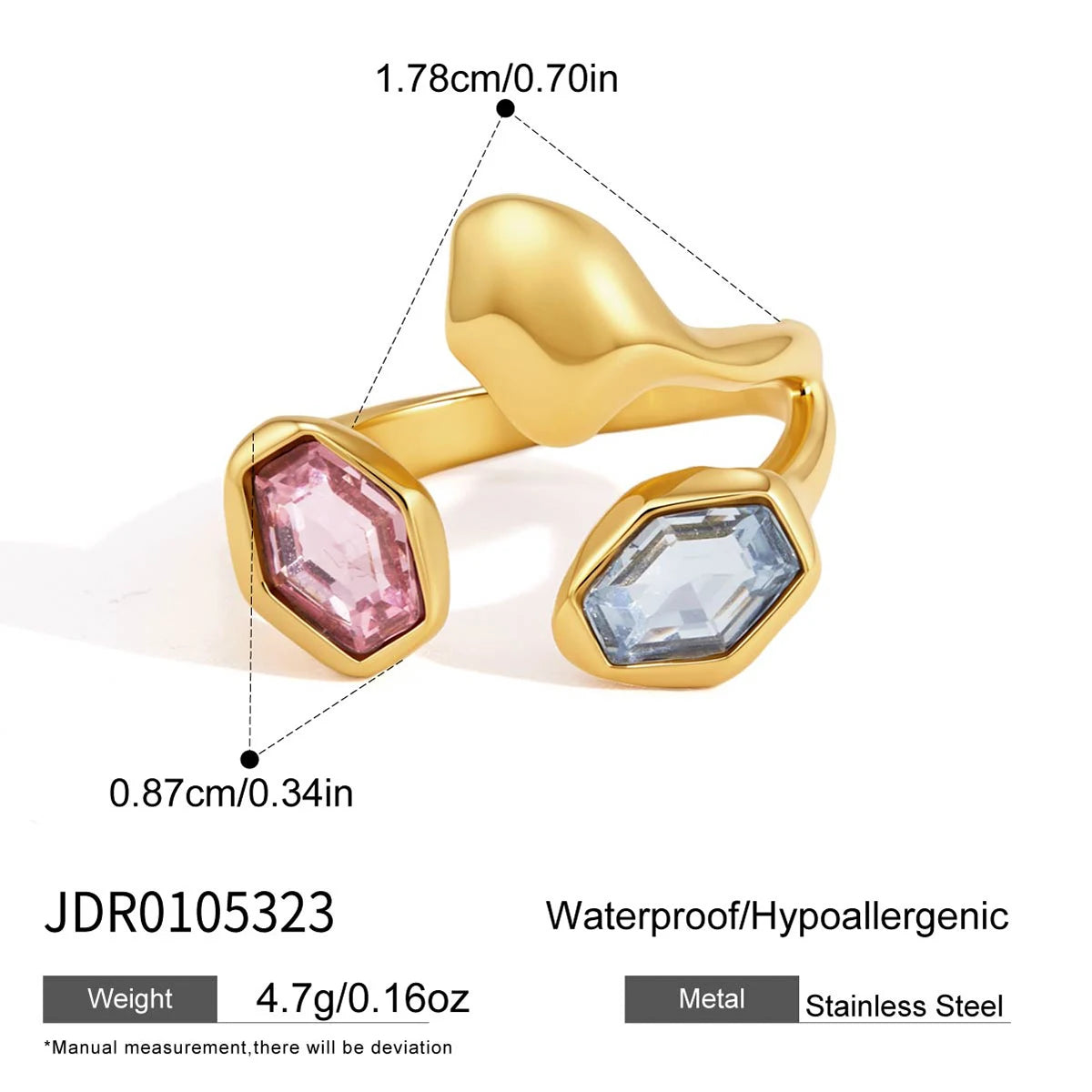 Kika Elegant Multicolor Glass Stone Geometric Open Rings 18K Gold Plated Stainless Steel 316L