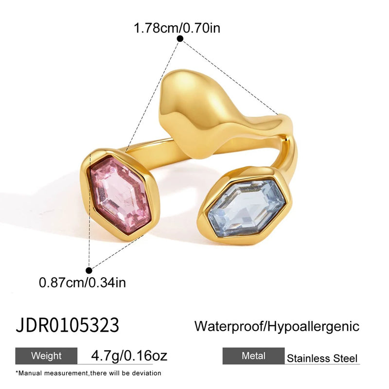 Kika Elegant Multicolor Glass Stone Geometric Open Rings 18K Gold Plated Stainless Steel 316L