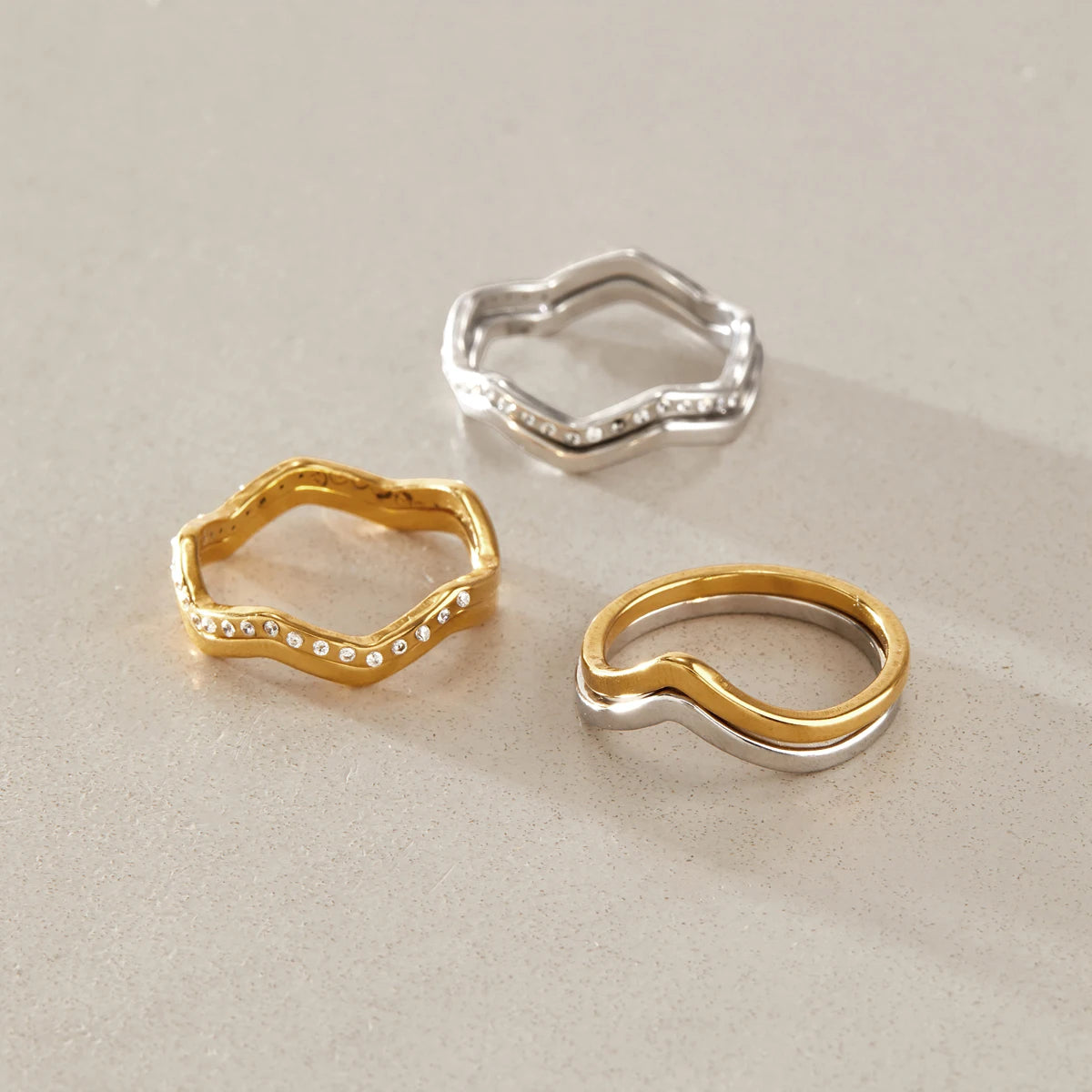 KIKA 2 Pcs/Set Zircon Wave Shape Rings For Women Minimalist 18K Gold PVD Plated Stainless Steel Rings Fashion Jewelry Gift