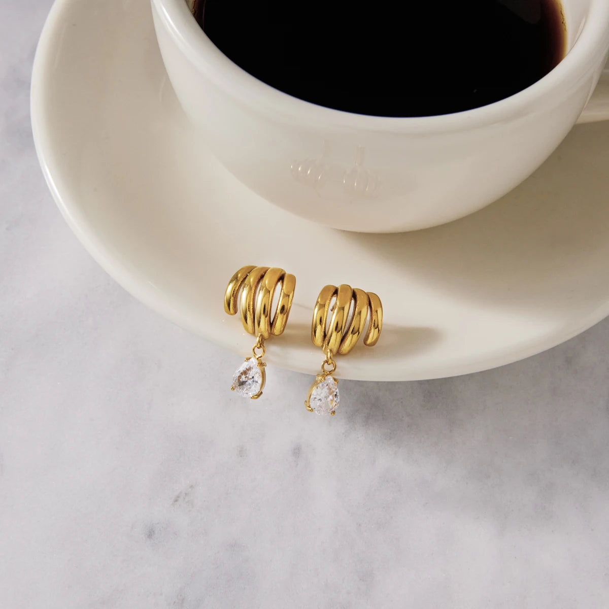 Kika Delicate White Teardrop Shaped Zircon Pendant With Multi-Layered Hollow Earrings