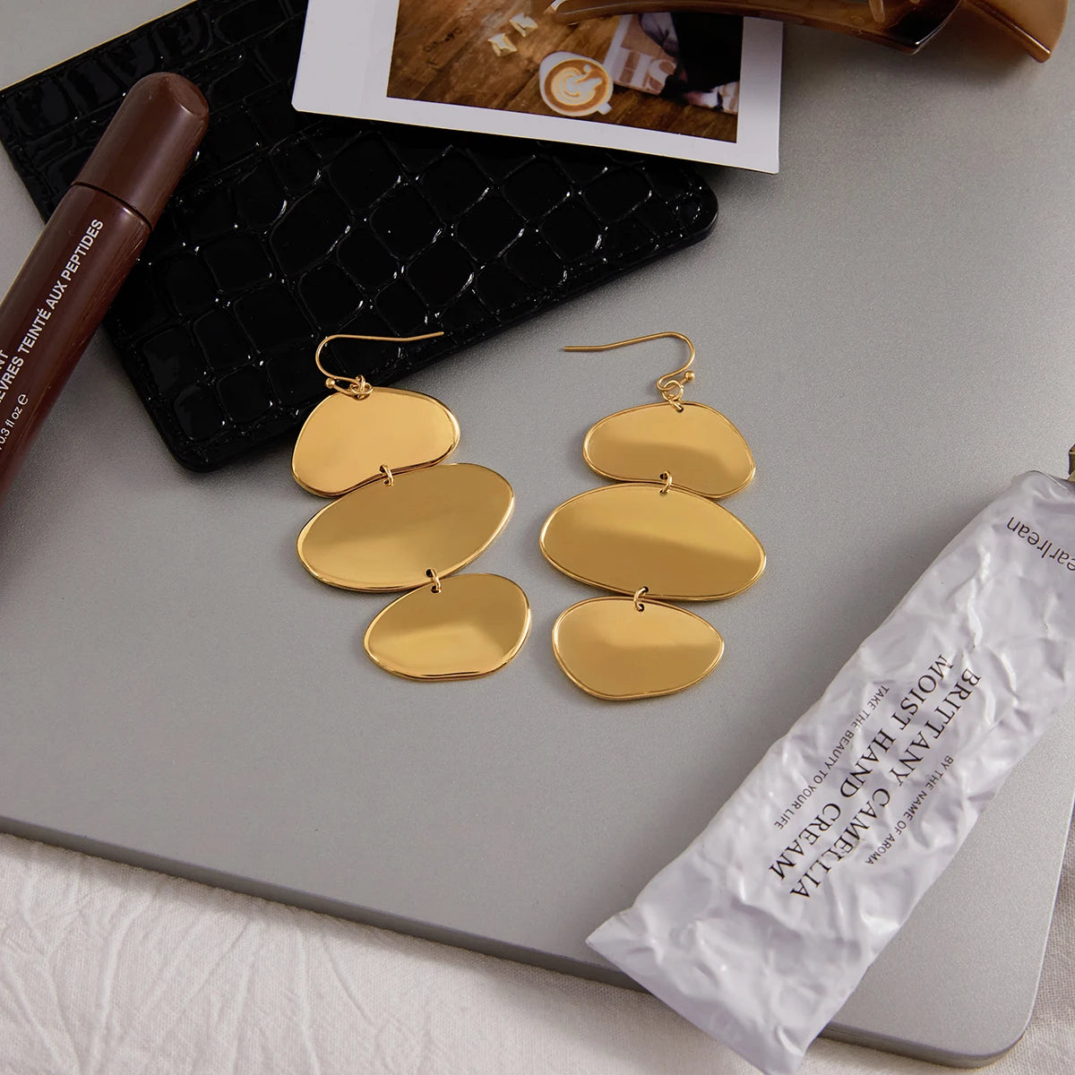 Kika Minimalist Irregular 3-layer Circular Pendant Earrings 18K Gold Color Plated Stainless