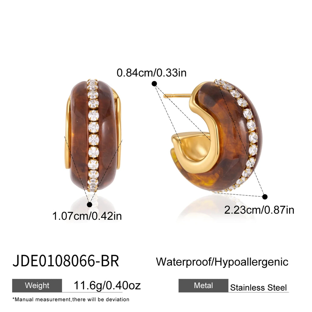 KIKA Zircon Resin Stud Earrings For Women Minimalist C Shape 18K Gold PVD Plated Stainless Steel Earrings Fashion Jewelry Gift