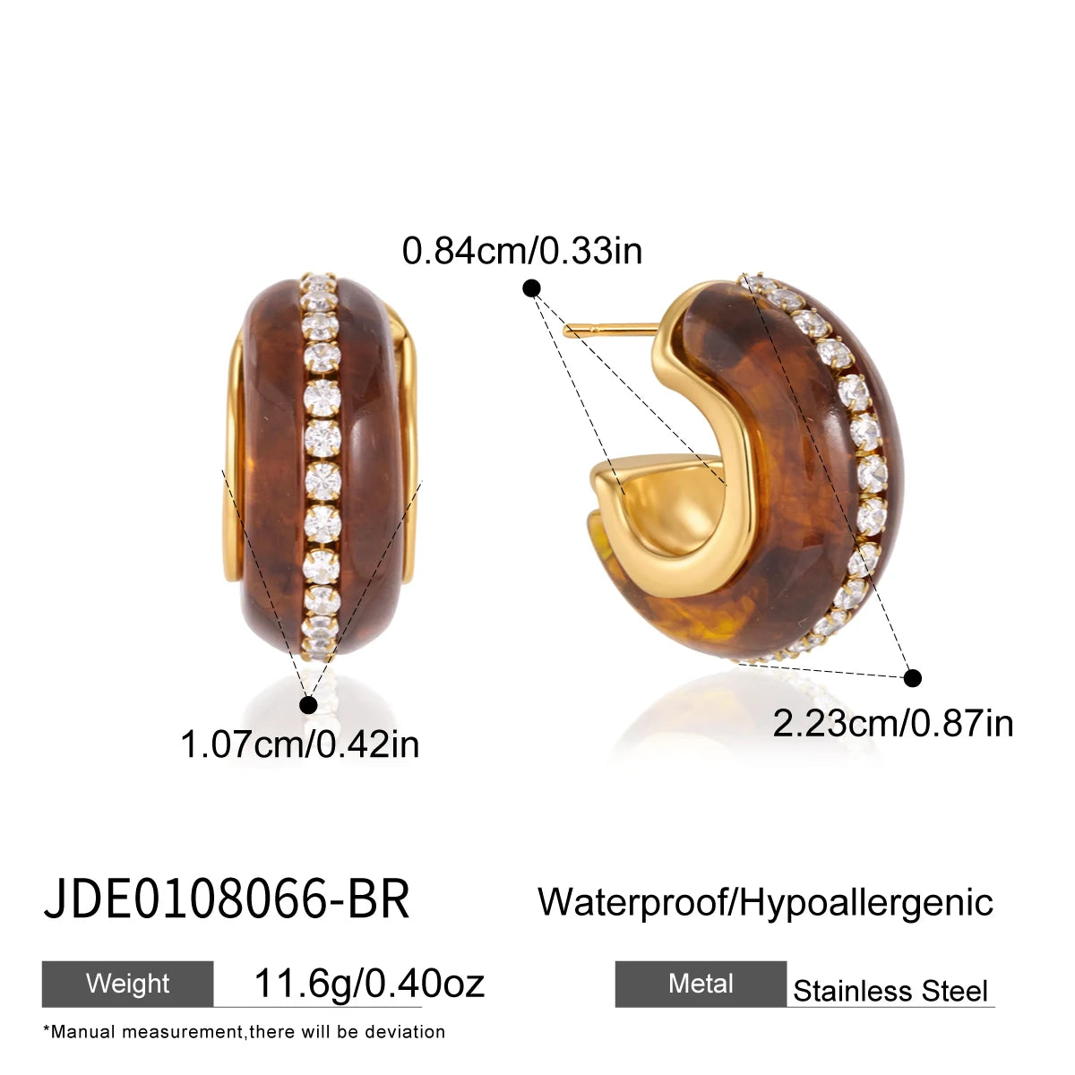 KIKA Zircon Resin Stud Earrings For Women Minimalist C Shape 18K Gold PVD Plated Stainless Steel Earrings Fashion Jewelry Gift