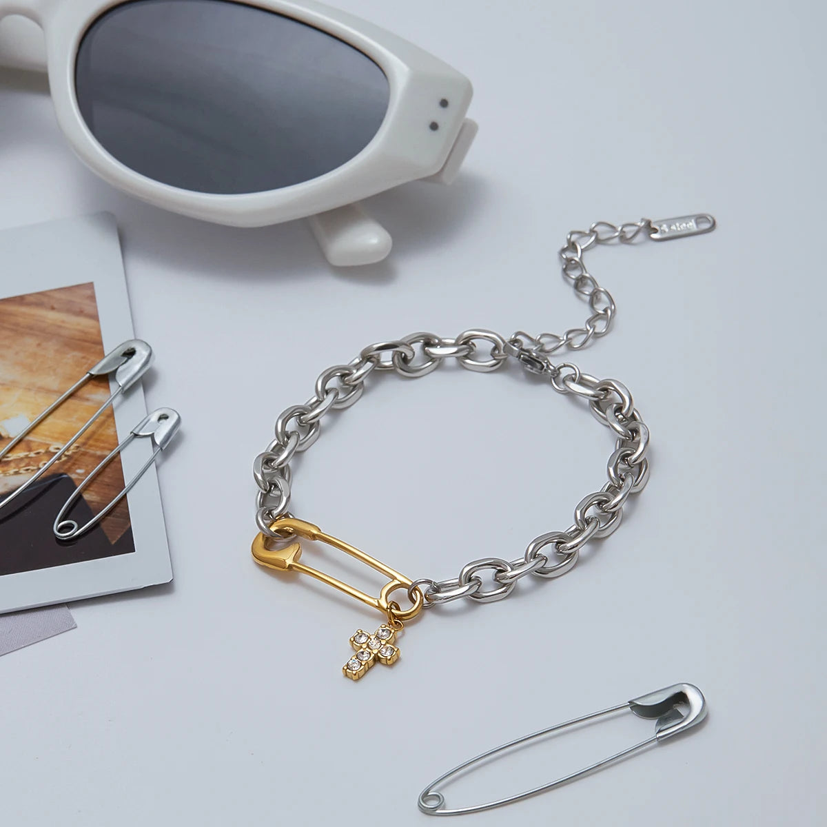 KIKA  Minimalist Two Tone Zircon Cross Pendant Paper Clip Bracelet Stainless Steel 316L Stackable Bracelet