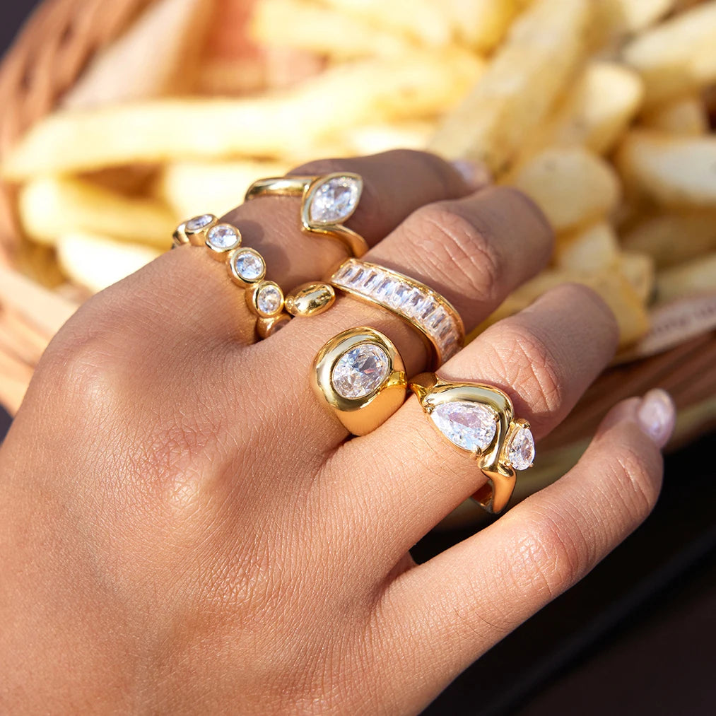 KIKA Classic style  white zircon inlaid stone ring Stainless Steel 316L Gold Color layering Rings