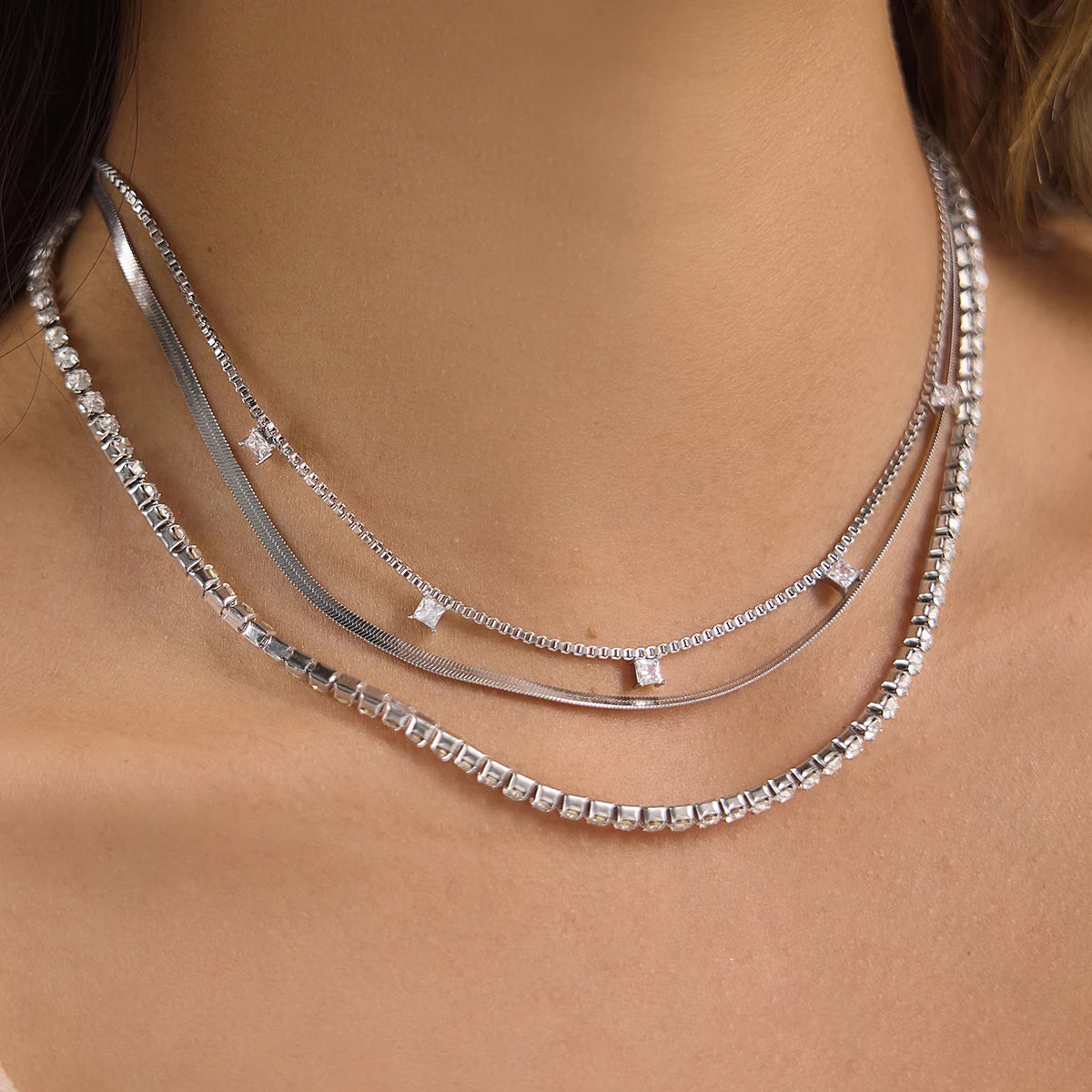 Kika Delicate Steel Color Square White Zircon Pendant Three-Layer Multi-Layer Necklace