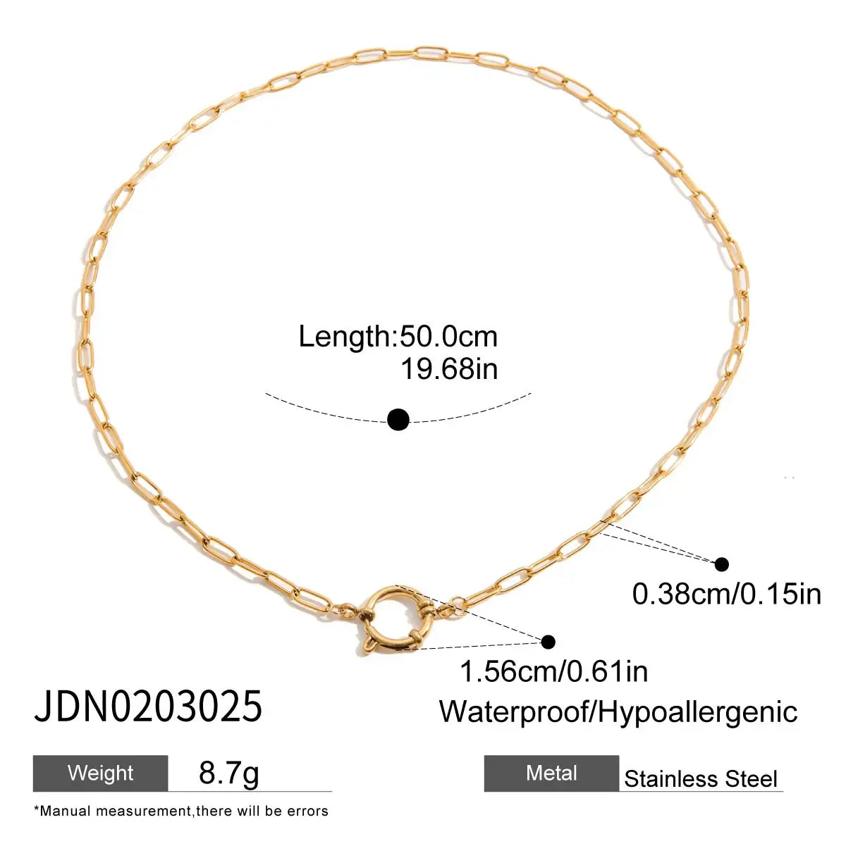 Kika Minimalist Classic Style 18K Gold Color Plated Stainless Steel Paperclip Chain