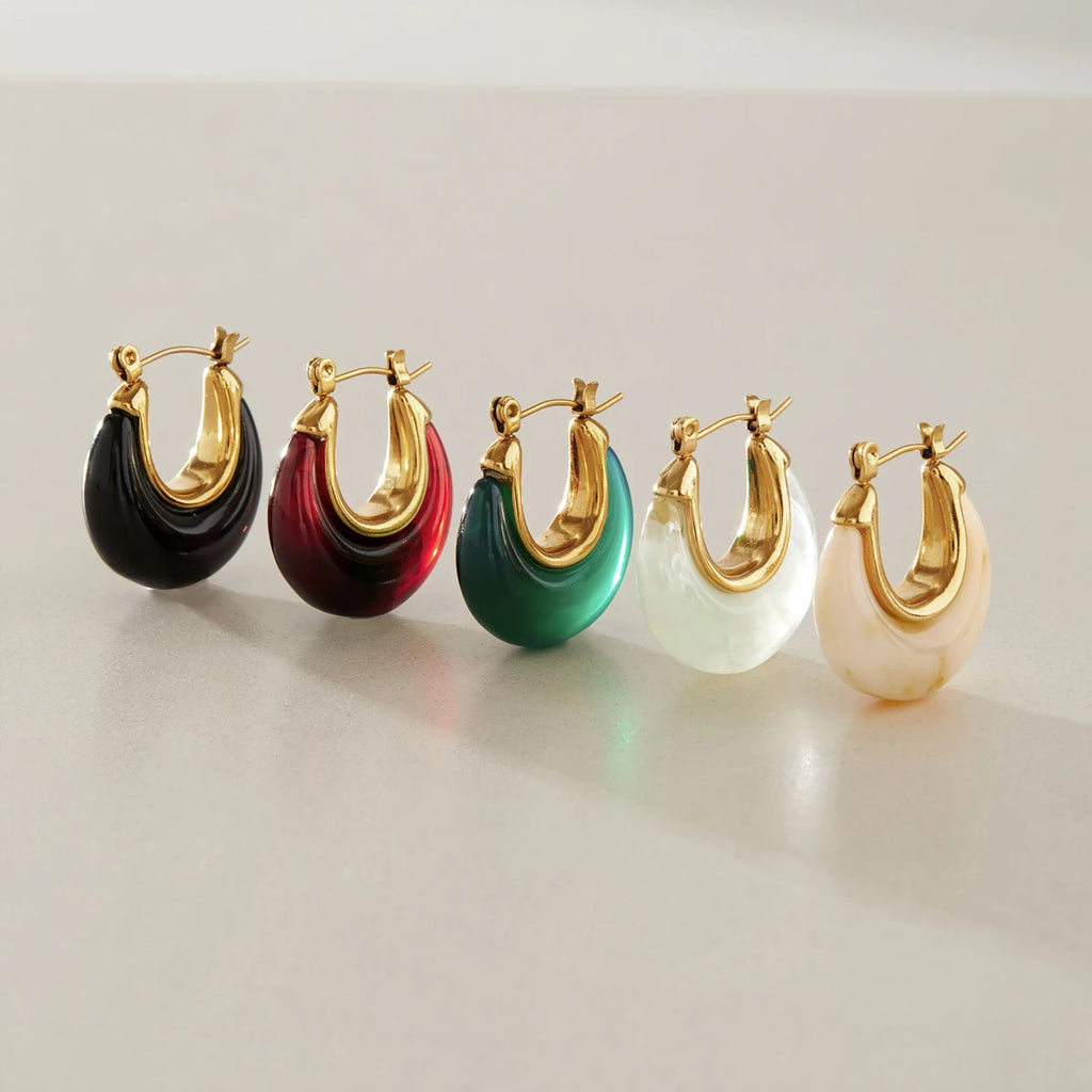 KIKA Vintage Chunky U Shape Resin Clip Earrings For Women 18K Gold PVD Plated Stainless Steel 316L