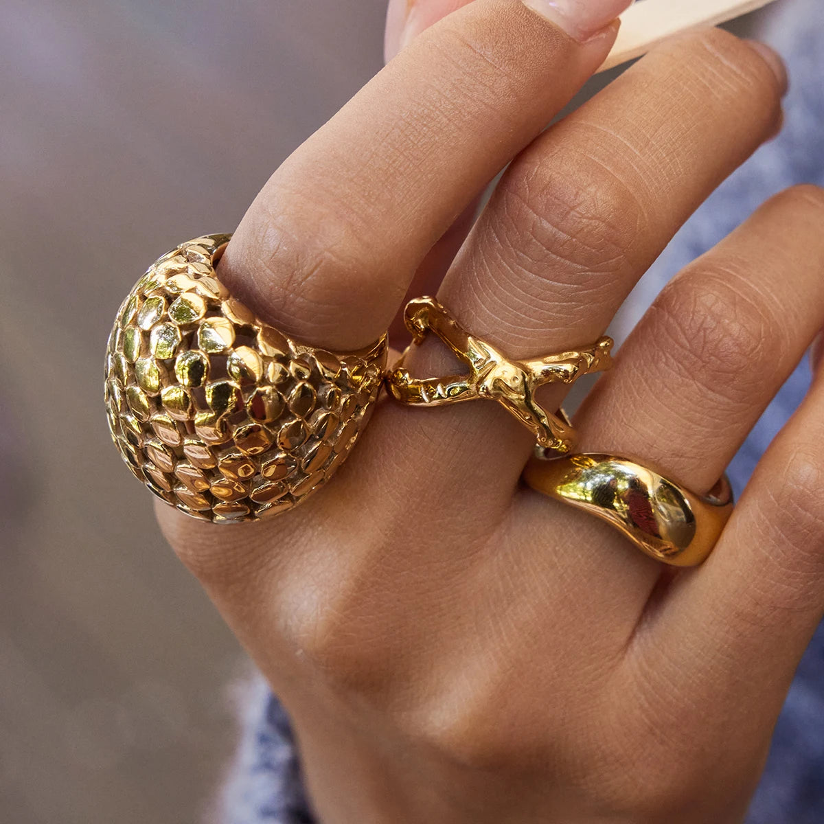 KIKA Unique Designer PVD Plated Mesh Hollow Spherical Exaggerated Rings Waterproof Stainless Steel 316L