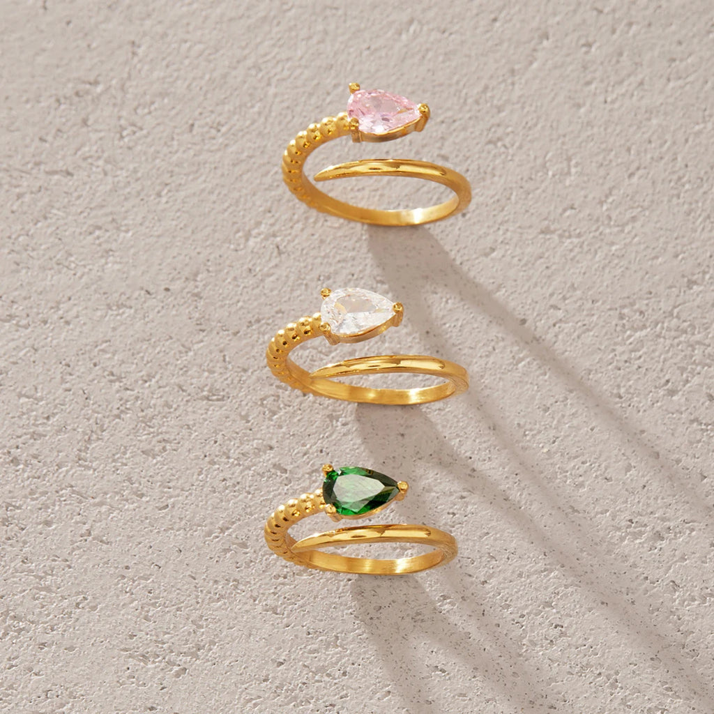 KIKA Water Drop Zircon Snake Shape Open Rings 18K Gold PVD Plated Stainless Steel 316L