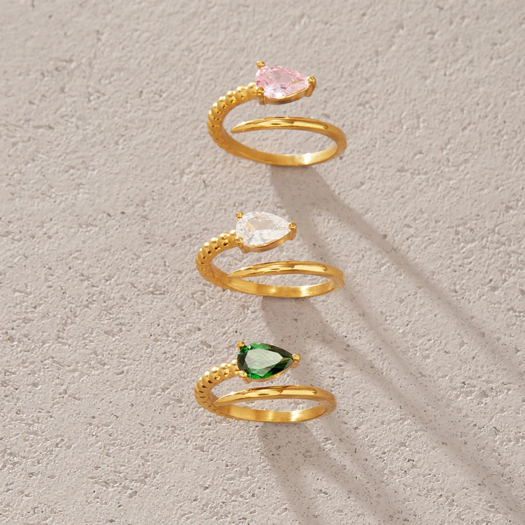 KIKA Water Drop Zircon Snake Shape Open Rings 18K Gold PVD Plated Stainless Steel 316L
