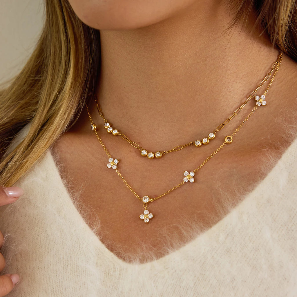 Kika Classic Gold Plated Elegant flowers White Zircon Chain Necklace