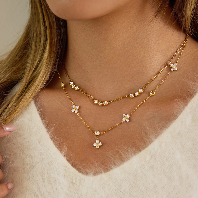 Kika Classic Gold Plated Elegant flowers White Zircon Chain Necklace