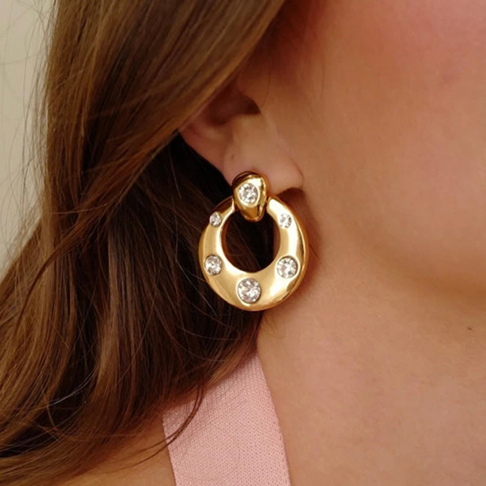 Kika Fashion Zircon Large Earrings 18K Gold Color Plated Stainless Steel Door Handle Earrings