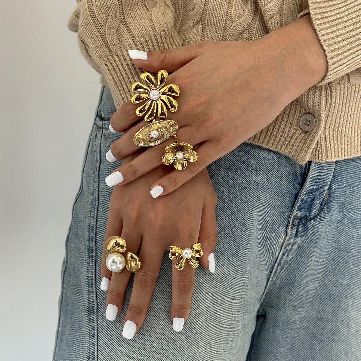 Kika Fashion Gold Color And Silver Color Flower Pearl Ring
