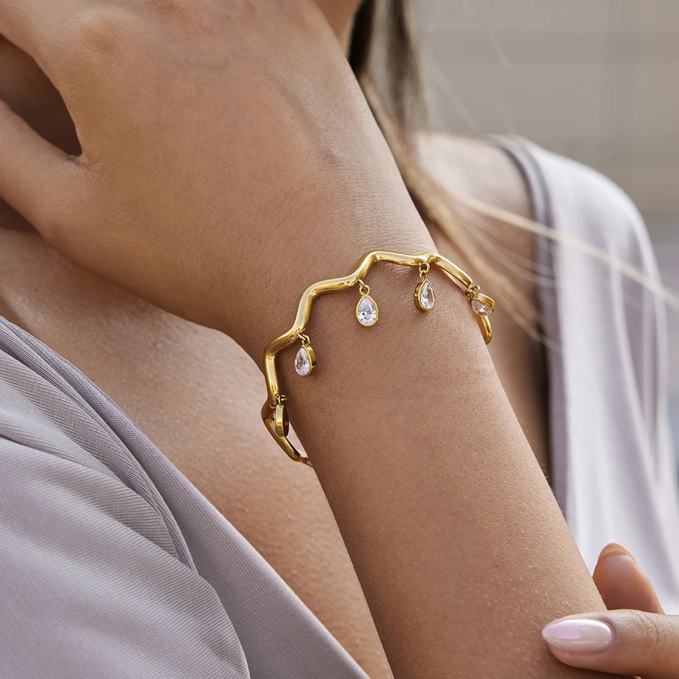 KIKA Water Drop Zircon Wave Shape Cuff Bracelet PVD 18K Gold Plated Stainless Steel 316L