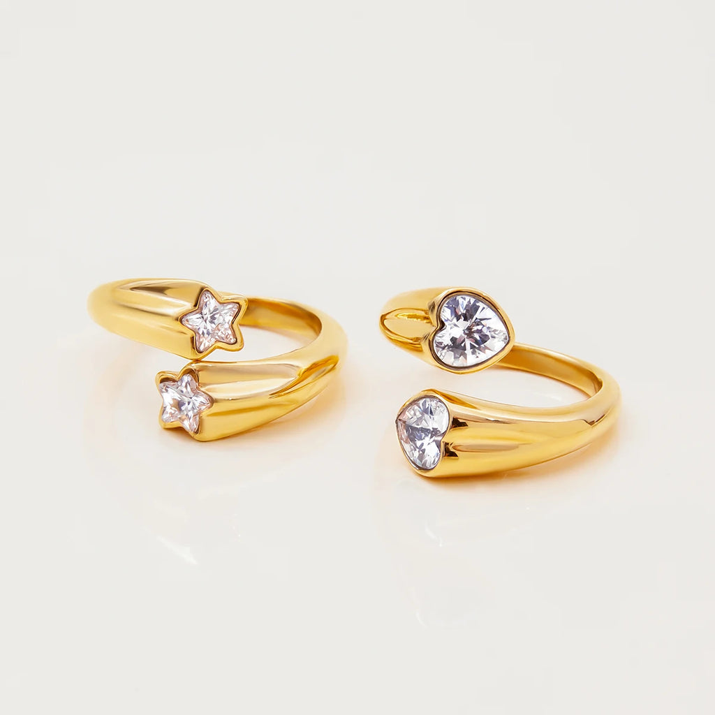 KIKA Minimalist 18K Gold Color PVD Plated Stainless Steel 316L White Heart Shaped Zircon Ring Star Stackable