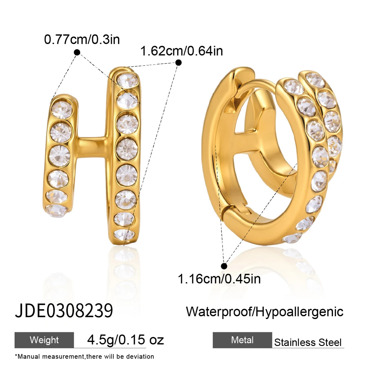 KIKA Classic Double Layer Crystal Clip Earrings For Women Waterproof 18K Gold PVD Plated Stainless Steel Earrings Jewelry Gift