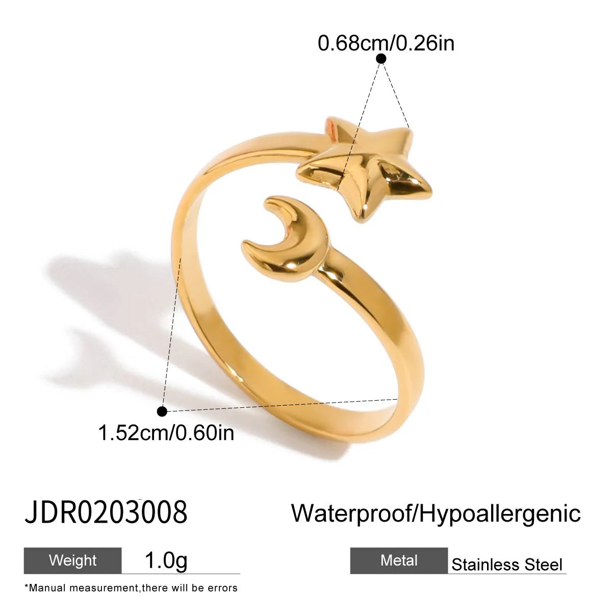 KIKA Unique Designer 18K Gold Color PVD  Plated Stainless Steel 316L Rhinestone Pentagram Rings Stackable
