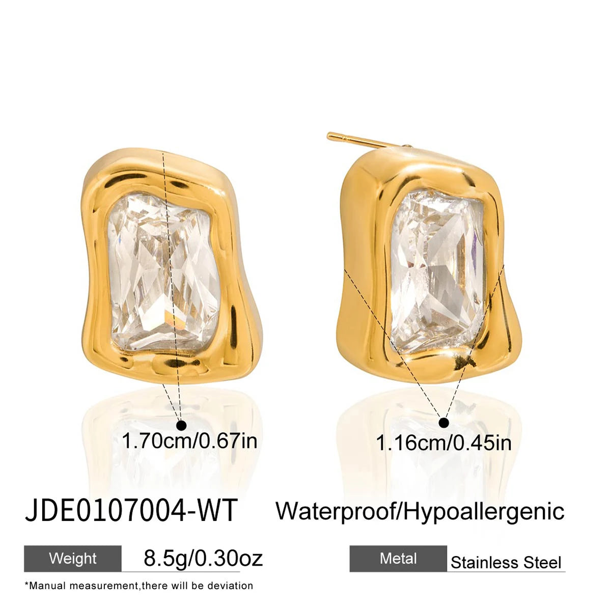 KIKA Minimalist Classic PVD Plated Inlay Zircon Square Irregular Earrings Hypoallergenic Stainless Steel 316L
