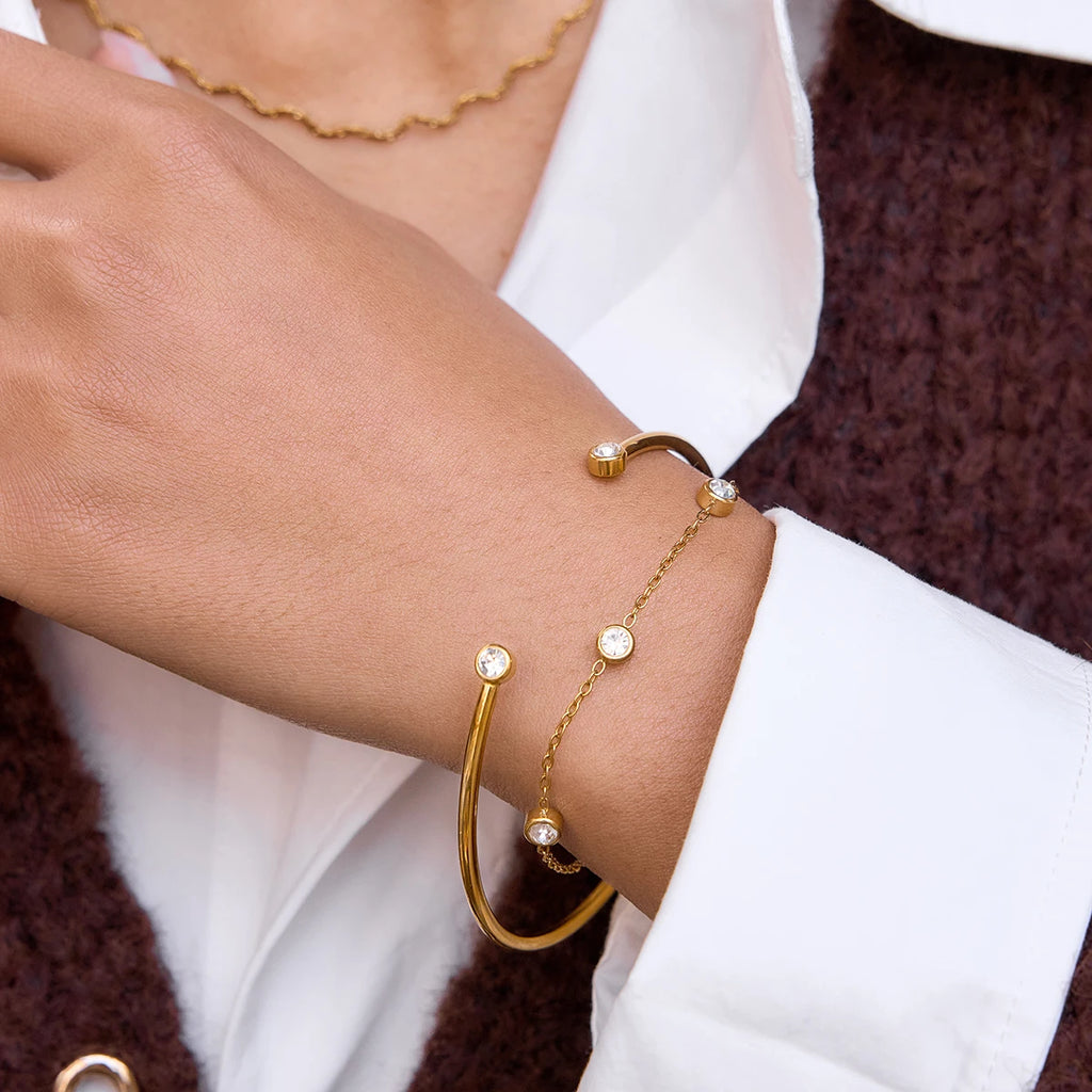 White Round Zircon Open Bracelet With O-Chain Double Layered Bracelets