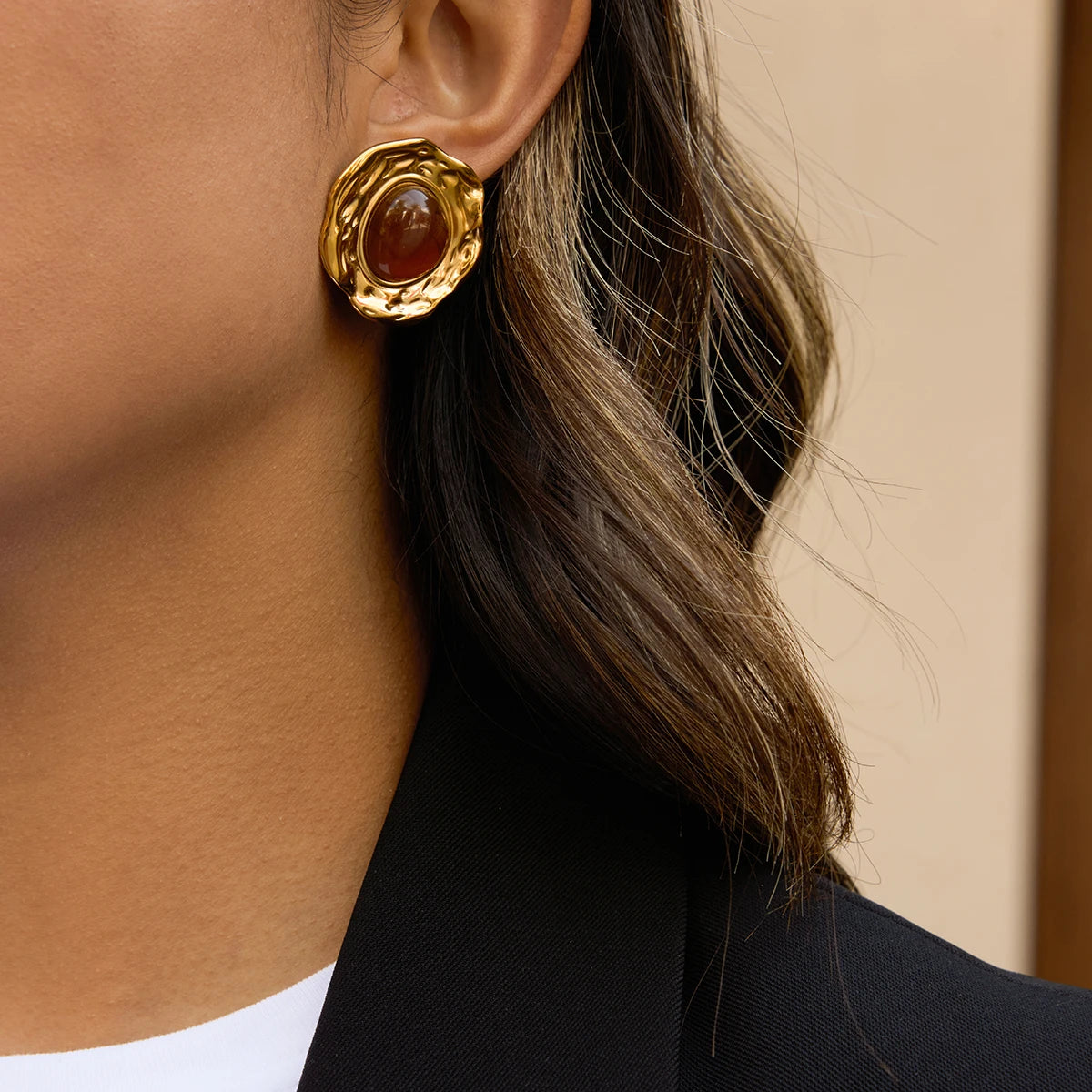 Kika Vintage Hammer Pattern Folded Round Amber Ear Studs 18K Gold Color Plated Stainless Steel