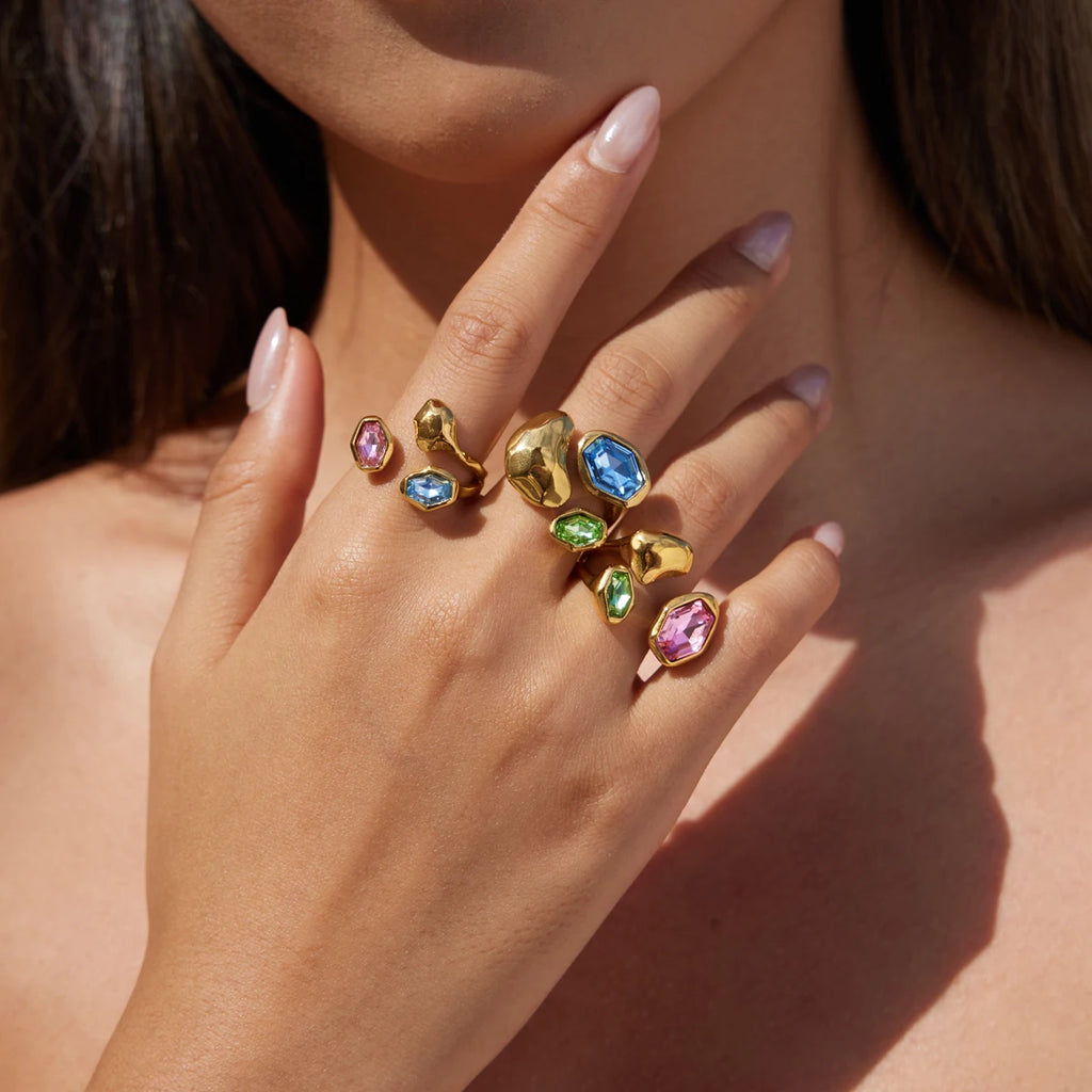 Kika Elegant Multicolor Glass Stone Geometric Open Rings 18K Gold Plated Stainless Steel 316L