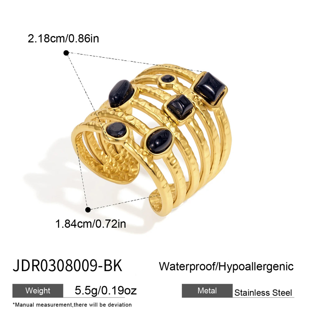 KIKA Vintage Natural Stone Rings For Women Multilayer 18K Gold PVD Plated Stainless Steel Open Rings Fashion Jewelry Gift