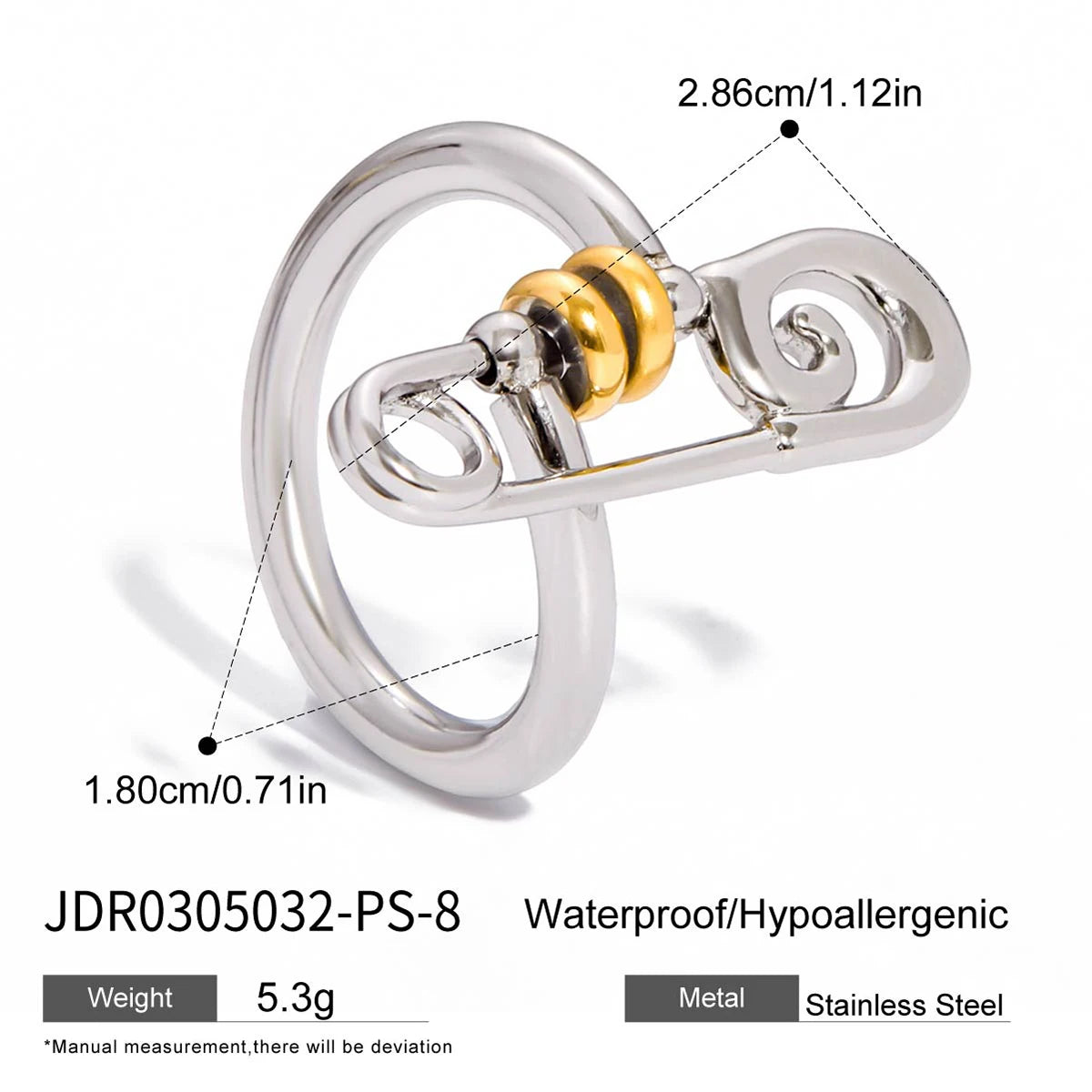 Kika Personalized Designer 18K Gold Color Plated Stainless Steel Two-Color Paper Clip Ring