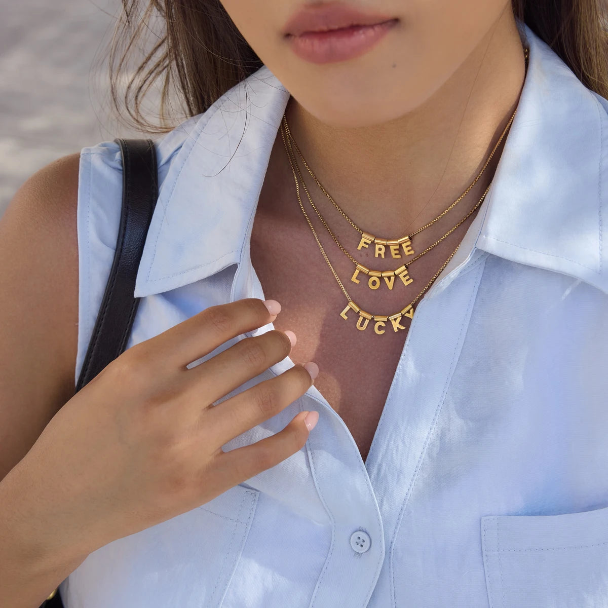 KIKA Slideable Letter Pendant Necklace  18K Gold PVD Plated Stainless Steel 316Lt