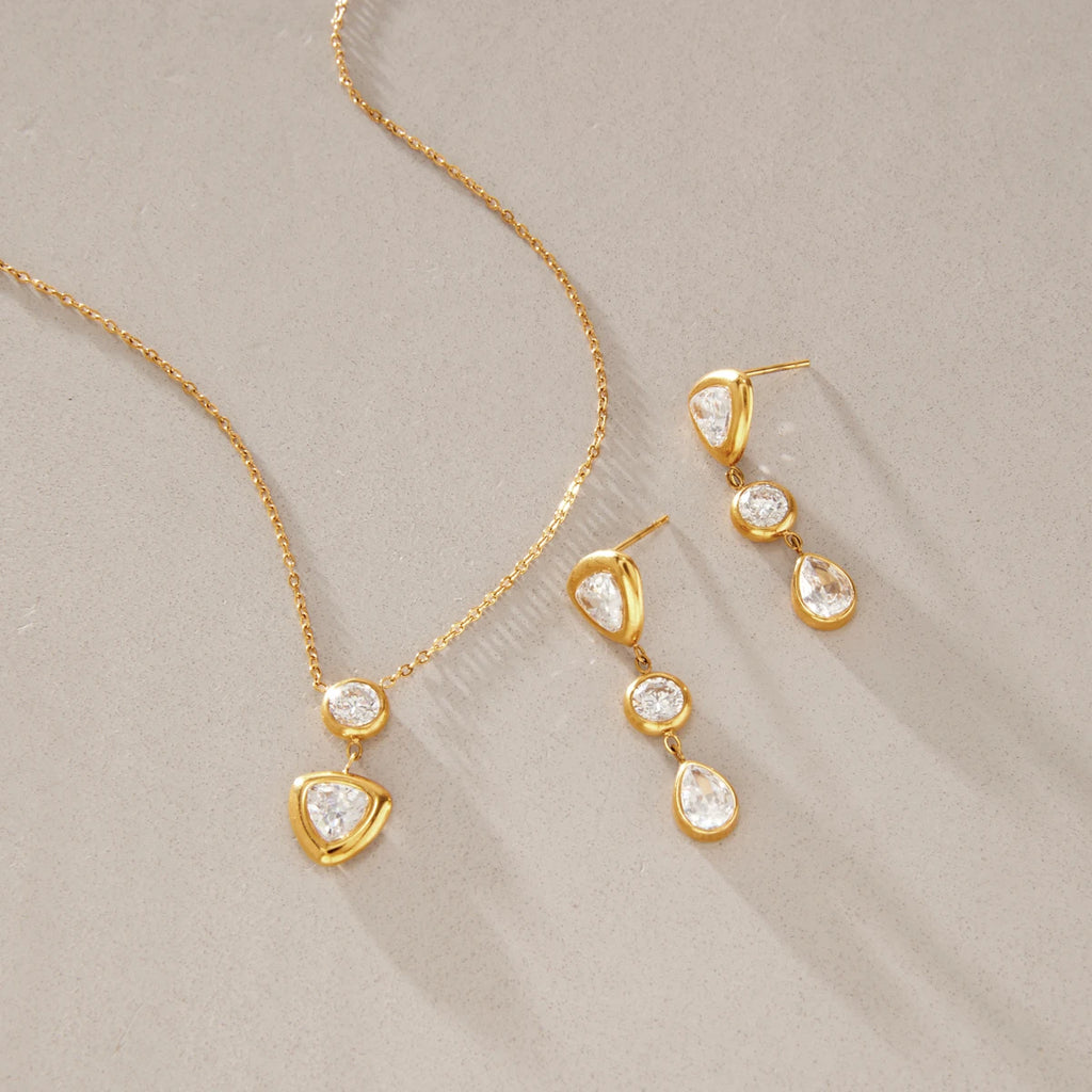 KIKA Elegant Geometric Zircon Pendant Necklace Earrings For Women Minimalist 18K Gold PVD Plated Stainless Steel 316L