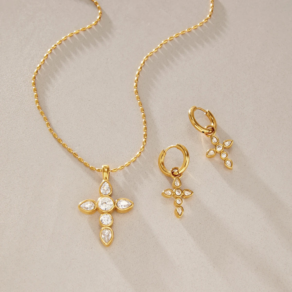 KIKA  Classic Zircon Cross Necklace Earrings  18K Gold PVD Plated Stainless Steel316L