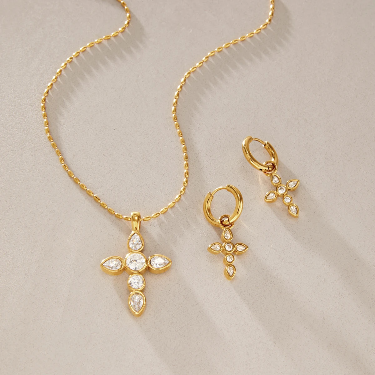 KIKA  Classic Zircon Cross Necklace Earrings  18K Gold PVD Plated Stainless Steel316L