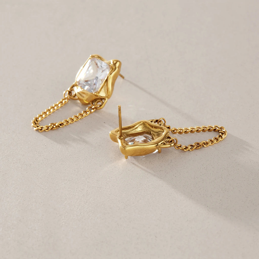 Kika Delicate Zircon Stud Earrings 18K Gold PVD Plated Stainless Steel Chain Tassel