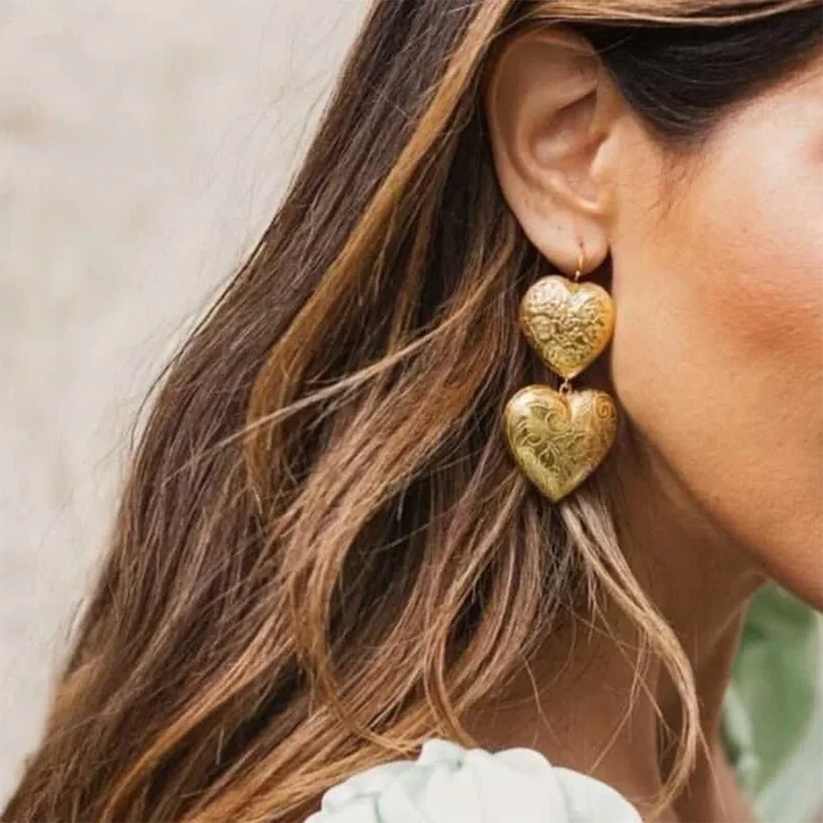 Vintage Heart Flower Texture Wave Earrings