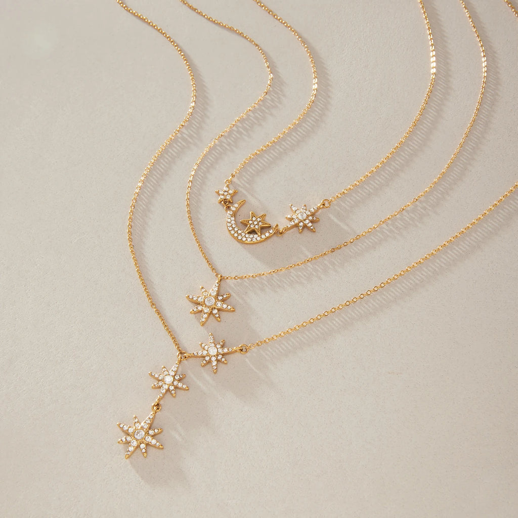 Kika Classic Crystal Moon Star Pendant Necklace Minimalist 18K Gold Plated Stainless Steel 316L