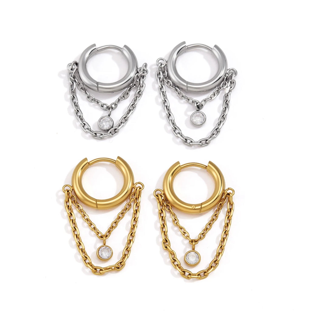 Kika Classic Steel Color Circular Zircon Chain Tassel Earrings