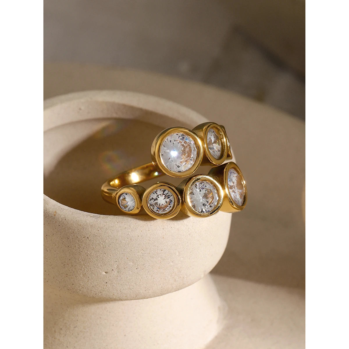 KIKA Waterproof Luxury Shiny Cubic Zirconia Exquisite Stainless Steel 316L Chic Open Ring Adjustable