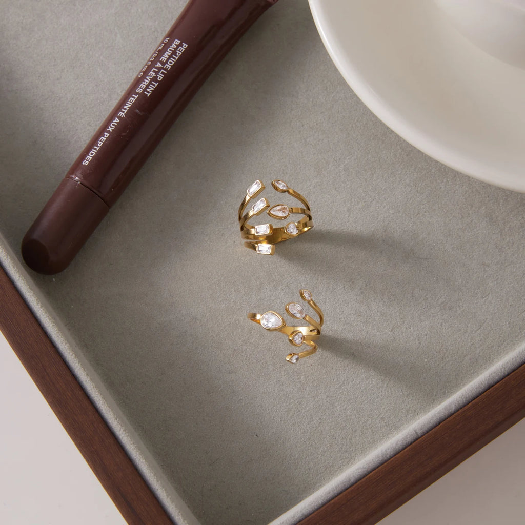 KIKA Delicate Geometric Zircon Multilayer Open Rings PVD Plated Stainless Steel 316L