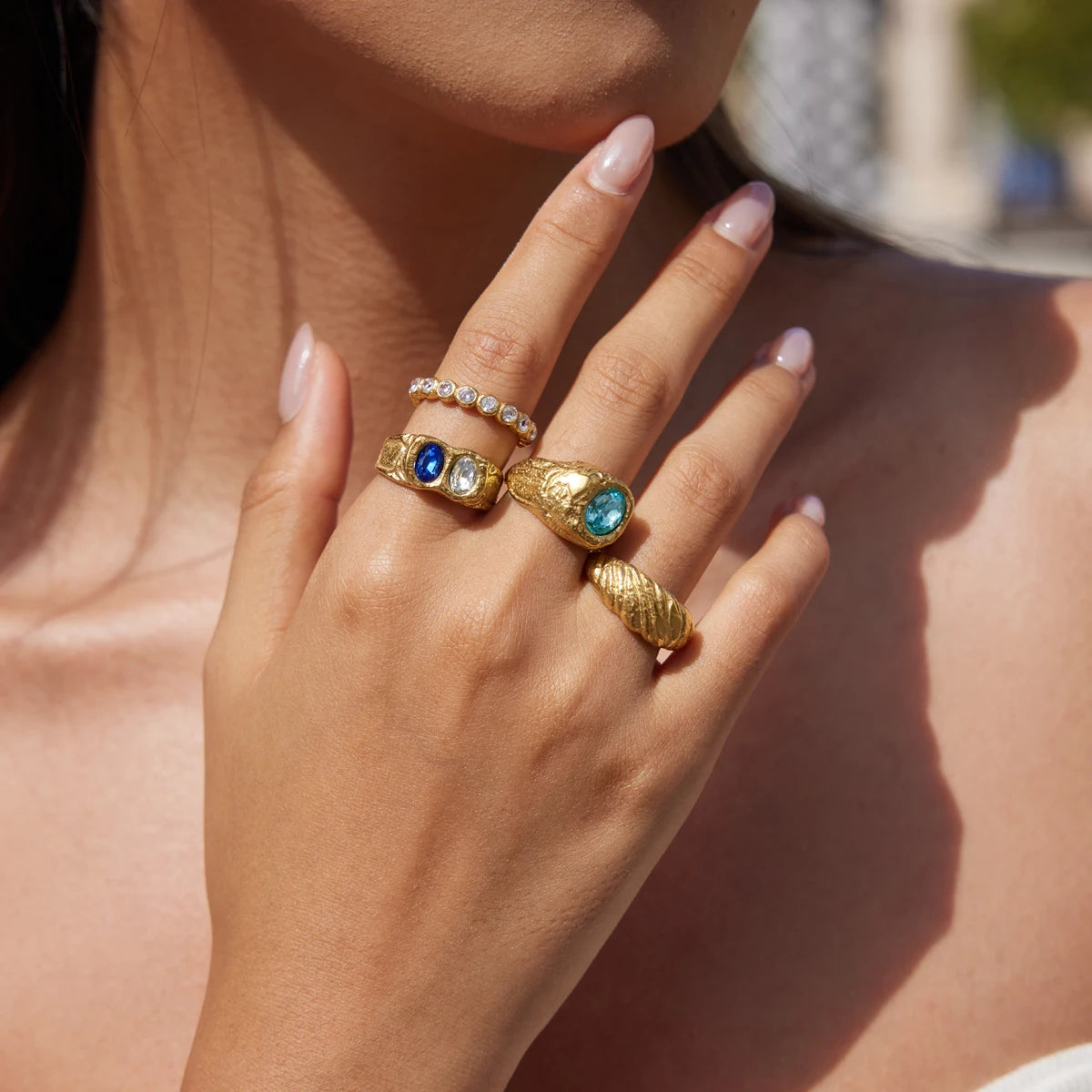 Kika Elegant Blue Crystal Chunky Rings 18K Gold PVD Plated Stainless Steel 316l