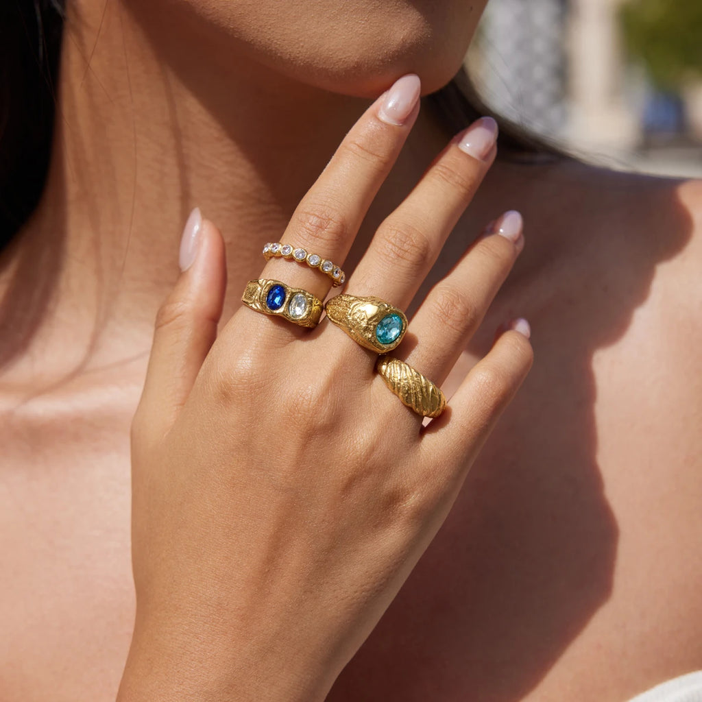 Kika Elegant Blue Crystal Chunky Rings 18K Gold PVD Plated Stainless Steel 316l