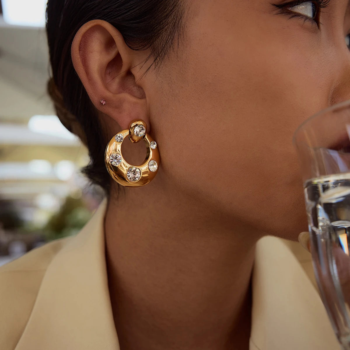 Kika Fashion Zircon Large Earrings 18K Gold Color Plated Stainless Steel Door Handle Earrings