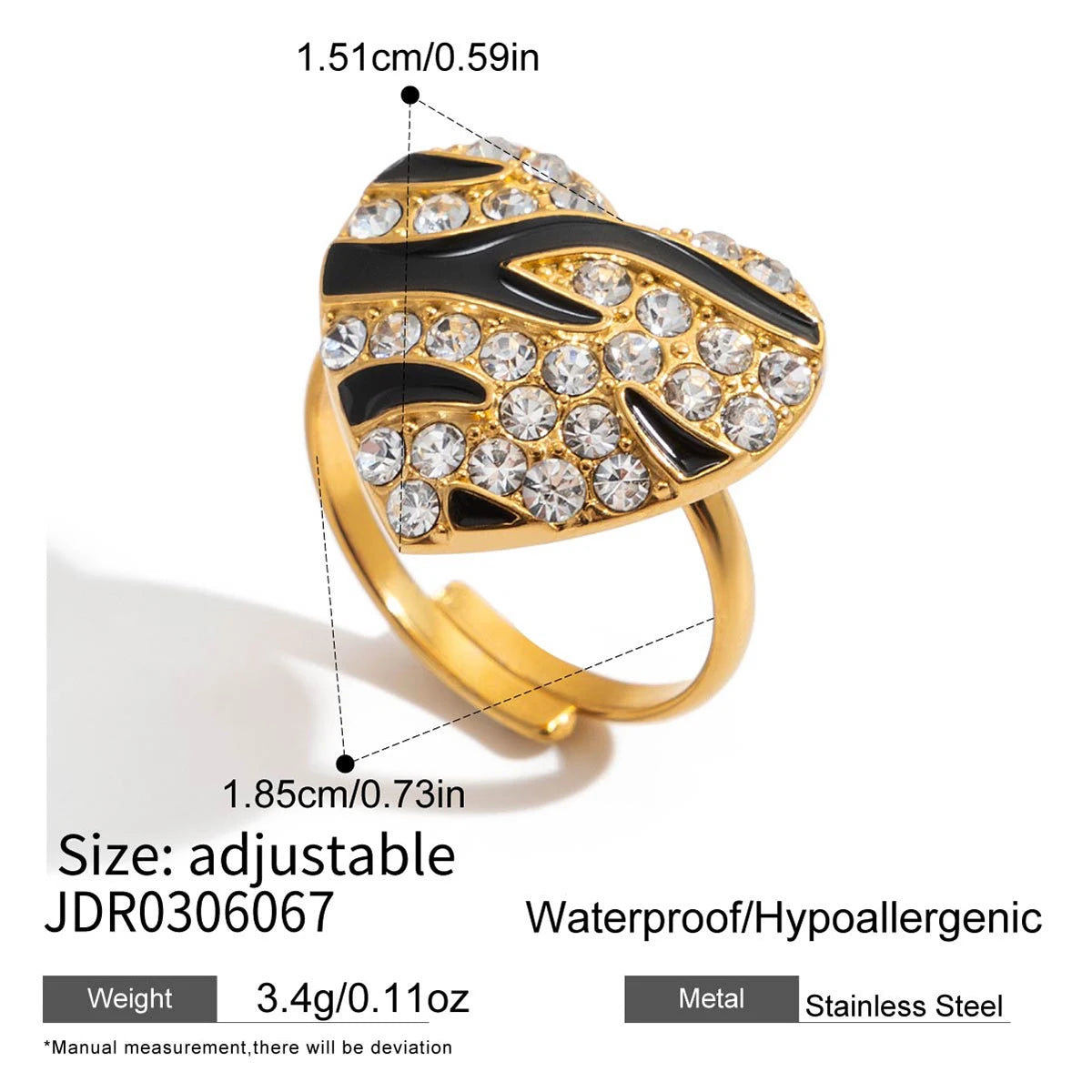 KIKA  Vintage Classic 18K Gold Color PVD Plated Black Drip Oil White Rhinestone Heart Open Rings Waterproof Stainless Steel 316L