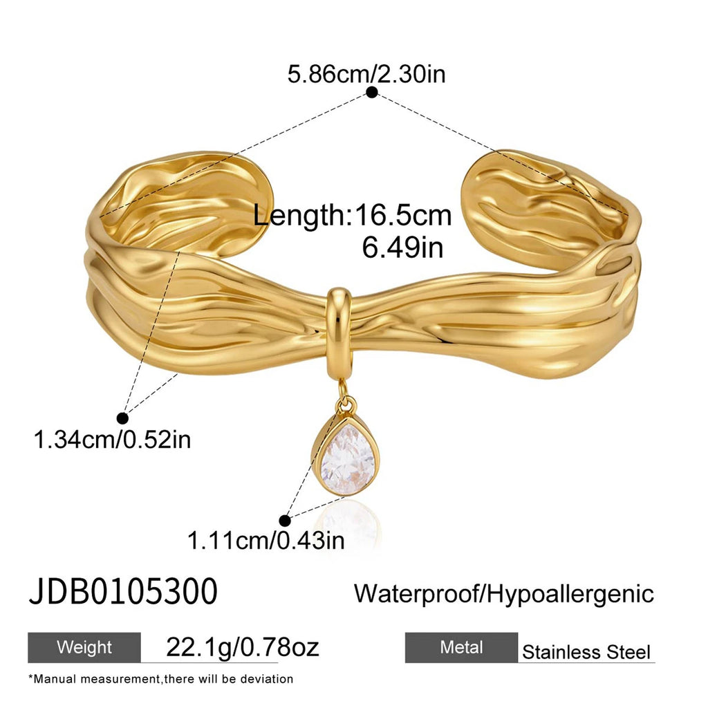 Kika Water Drop Zircon Wave Shape Cuff Bracelet Minimalist 18K Gold Plated Stainless Steel 316L