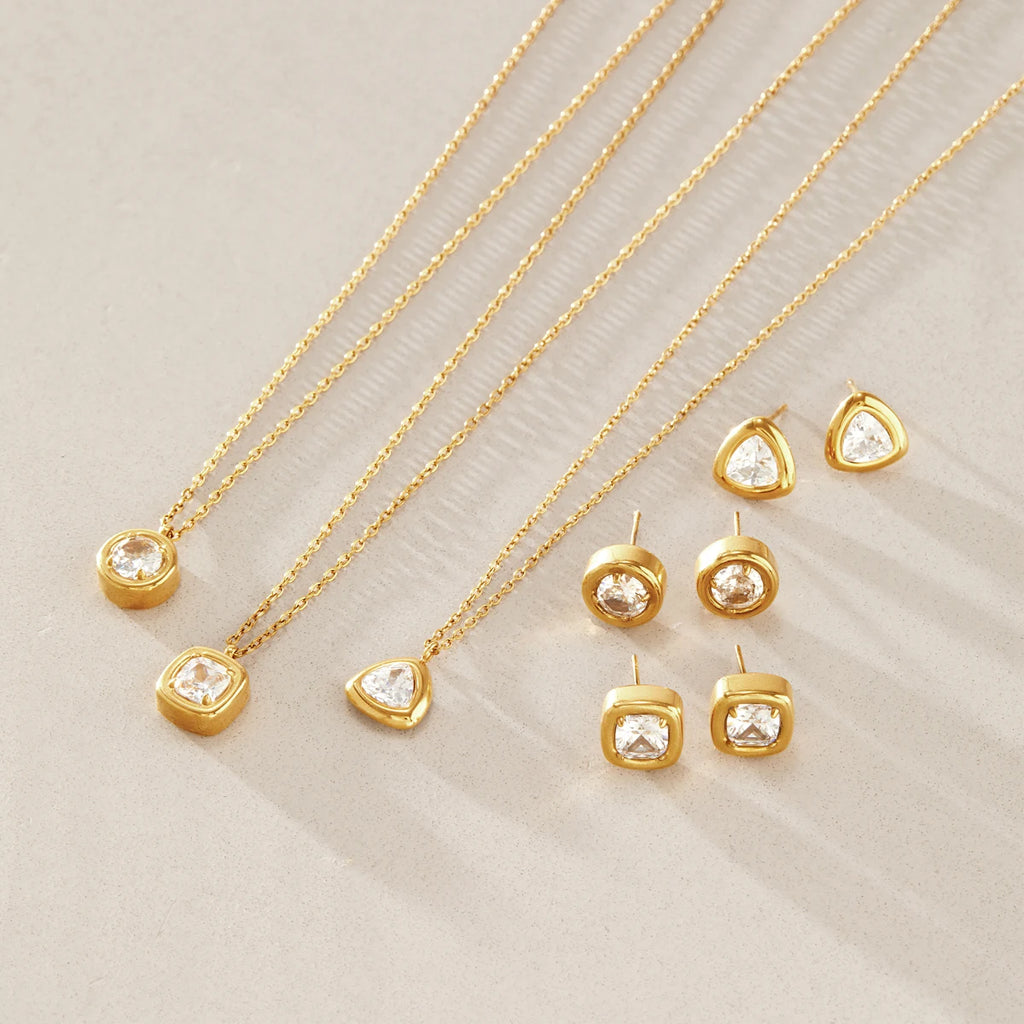 KIKA Delicate Geometric Zircon Necklace Earrings For Women Minimalist 18K Gold PVD Plated Stainless Steel 316L