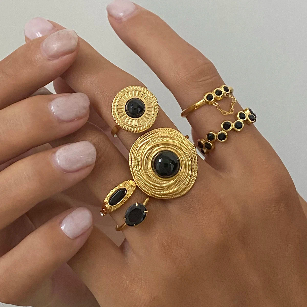 Kika Minimalist Personalized Black Gold Color Stone Ring