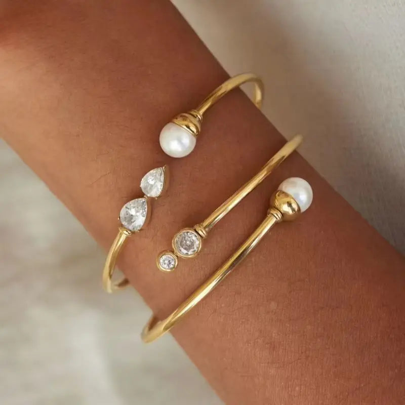 KIKA Imitation Pearl Geometric Zircon Soft Hollow Tube Cuff Bracelet For Women 18K Gold Plated Stainless Steel Bangle Jewelry