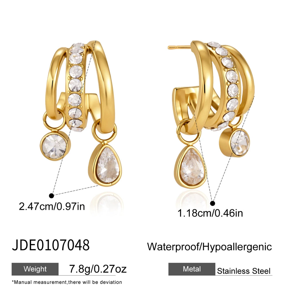 KIKA Water Drop Square Zircon Earrings For Women Minimalist C Shape 18K Gold Plated Stainless Steel 316L